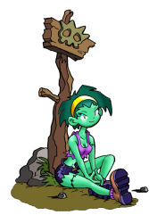 Rule 34 | 1girl, boots, breasts, cleavage, colored skin, green hair, green skin, hairband, looking at viewer, matt bozon, navel, official art, rottytops, shantae (series), sign, wayforward, zombie, zombie girl