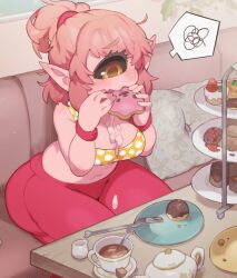 Rule 34 | 1girl, armband, blush, breasts, character request, cleavage, colored skin, commentary request, copyright request, cream on breasts, cup, curvy, cushion, cyclops, eating, food, fork, fruit, holding, holding food, large breasts, medium breasts, monster girl, mug, no nose, one-eyed, pink hair, pink skin, plate, plump, pointy ears, ponytail, sanjiro (tenshin anman), saucer, shadow, sitting, solo, speech bubble, spoken squiggle, squiggle, strawberry, table, teapot, thick thighs, thighs, yellow eyes