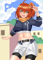 Rule 34 | 1girl, :d, ahoge, belt, bike shorts, bike shorts under shorts, blue shirt, blue sky, bodysuit, bodysuit under clothes, breasts, building, cloud, command spell, commentary request, cowboy shot, crossed bangs, day, fate/grand order, fate (series), fujimaru ritsuka (female), fujimaru ritsuka (female) (true ether chaldea uniform), hair ornament, hair scrunchie, hand up, head tilt, highres, looking at viewer, medium breasts, meierufu, midriff, navel, official alternate costume, one side up, open mouth, orange eyes, orange hair, orange scarf, orange scrunchie, outdoors, scarf, scrunchie, shirt, shorts, side ponytail, sky, smile, solo, standing, tree, true ether chaldea uniform, white shorts, wristband