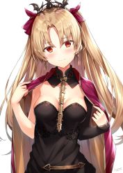 Rule 34 | 1girl, bad id, bad pixiv id, blonde hair, blush, bow, breasts, cape, closed mouth, collarbone, ereshkigal (fate), fate/grand order, fate (series), highres, holding, large breasts, long hair, looking at viewer, pink bow, red eyes, rin yuu, simple background, skull, smile, solo, tohsaka rin, twintails, two side up, wavy mouth, white background