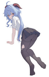 Rule 34 | 1girl, absurdres, ahoge, all fours, ass, black pantyhose, black skirt, blue hair, closed mouth, feet, full body, ganyu (genshin impact), genshin impact, goat horns, hair between eyes, highres, horns, long hair, looking back, no shoes, pantyhose, purple eyes, shirt, shirt tucked in, short sleeves, simple background, skirt, solo, torn clothes, torn pantyhose, white background, white shirt, zhishuixy