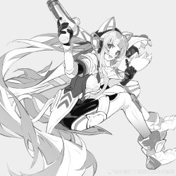 Rule 34 | 1girl, :d, absurdres, animal ears, artist name, blunt bangs, eteru, facial mark, fake animal ears, fang, full body, gloves, grey background, greyscale, gun, hair between eyes, headphones, highres, holding, holding gun, holding weapon, jinx (league of legends), league of legends, long hair, looking at viewer, monochrome, official alternate costume, official alternate hairstyle, open mouth, prestige battle cat jinx, sidelocks, simple background, sitting, smile, solo, v-shaped eyebrows, very long hair, weapon, whisker markings
