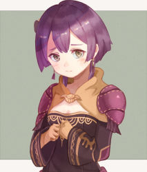 Rule 34 | 1girl, bernadetta von varley, closed mouth, earrings, fire emblem, fire emblem: three houses, gloves, grey eyes, hair ornament, jewelry, long sleeves, nintendo, purea, purple hair, simple background, solo, upper body, yellow gloves