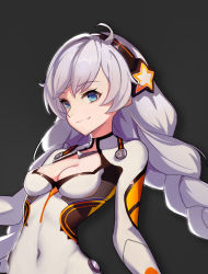 Rule 34 | 1girl, alexyu2009, antenna hair, blue eyes, braid, breasts, cleavage, closed mouth, clothing cutout, grey background, hair between eyes, highres, honkai (series), honkai impact 3rd, kiana kaslana, kiana kaslana (white comet), long hair, looking at viewer, navel cutout, smile, solo, twin braids, white hair