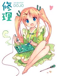 Rule 34 | 1girl, bare legs, barefoot, blonde hair, blue eyes, blush, breasts, cable, circuit board, commentary request, crossed legs, english text, frilled kimono, frills, green kimono, hair ornament, hair over shoulder, hairpin, heart, highres, japanese clothes, kimono, light blush, long hair, looking at viewer, maid, medium breasts, obi, open mouth, original, parted bangs, raised eyebrows, sash, short kimono, simple background, sitting, smile, smoke, soldering, soldering iron, solo, tokine (maikaze), twintails, wa maid, white background, wrench