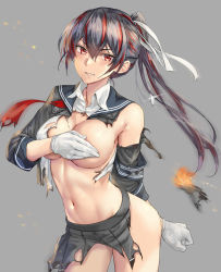 Rule 34 | 1girl, armband, black hair, breasts, cleavage, clenched hand, clenched teeth, covering privates, covering breasts, fire, grey background, grey skirt, hair between eyes, hair ribbon, highres, kantai collection, kokuzou, large breasts, long hair, multicolored hair, navel, pleated skirt, ponytail, red eyes, red hair, ribbon, sailor collar, simple background, skirt, solo, sparkle, teeth, torn clothes, yahagi (kancolle), yahagi kai ni (kancolle)