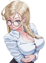 Rule 34 | ahoge, arms under breasts, blonde hair, blue eyes, braid, breasts, button gap, cleavage, crossed arms, dangle earrings, earrings, glasses, hair between eyes, himeliofon, jewelry, large breasts, lipstick, makeup, mole, mole on breast, mole under mouth, nail polish, office lady, original, red nails, ring, round eyewear, solo, sparkle, twin braids