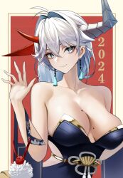 Rule 34 | 1girl, 2024, absurdres, antenna hair, asymmetrical horns, azur lane, breasts, chinese zodiac, cleavage, commentary request, earrings, hakuryuu (azur lane), hakuryuu (flash of silk and strings) (azur lane), highres, horns, isonun, japanese clothes, jewelry, kimono, large breasts, long hair, looking at viewer, mole, mole on breast, official alternate costume, purple kimono, red horns, solo, upper body, white eyes, white hair, white horns, year of the dragon