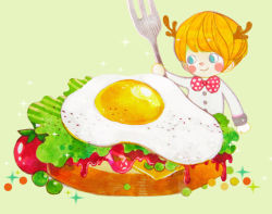 Rule 34 | 1boy, blue eyes, bow, bowtie, bread, cheese, egg, egg (food), food, fork, green background, haruki9922, horns, lettuce, male focus, mini person, miniboy, original, peas, smile, solo, sunny side up egg, tomato