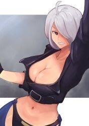 Rule 34 | 1girl, angel (kof), breasts, cleavage, hair over one eye, large breasts, midriff, navel, revealing clothes, smile, snk, solo, teeth, the king of fighters