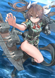 Rule 34 | 1girl, :3, black footwear, black gloves, boots, breasts, brown hair, commentary, day, elbow gloves, gloves, grey eyes, hair between eyes, hair ribbon, highres, kantai collection, knee boots, leg up, long hair, medium breasts, ocean, outdoors, pelvic curtain, red neckwear, ribbon, rigging, short sleeves, single elbow glove, single glove, solo, sparkle, sparkling eyes, standing, standing on one leg, tone (kancolle), tone kai ni (kancolle), twintails, water, zombie mogura