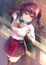 Rule 34 | 1girl, absurdres, amasawa ichika, belt, blush, breasts, brick wall, bubble tea challenge, closed mouth, commentary request, cup, drinking straw, dutch angle, feet out of frame, fingernails, hair ribbon, highres, index finger raised, large breasts, long hair, long sleeves, purple hair, railing, red skirt, ribbon, sidelocks, skindentation, skirt, sleeves past wrists, smile, solo, standing, sweater, thighhighs, thighs, twintails, utsunomiya ryo, v-shaped eyebrows, white sweater, yellow eyes, youkoso jitsuryoku shijou shugi no kyoushitsu e, zettai ryouiki