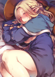 Rule 34 | 1girl, bed, blonde hair, blush, braid, breasts, breasts out, coat, colored eyelashes, dungeon meshi, elf, closed eyes, hair over eyes, long hair, marcille donato, marushiru, medium breasts, no bra, pillow, pointy ears, sleeping, soine, solo, suggestive fluid, sweat, thighs, twin braids, underboob