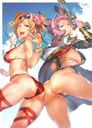 Rule 34 | 10s, 2girls, :d, absurdres, animal ears, ass, ass-to-ass, ass press, bare shoulders, bikini, blonde hair, blue eyes, blue sky, bracelet, braid, breasts, cape, cloud, day, earrings, erune, eyeshadow, eyewear on head, finger on trigger, flower, from behind, granblue fantasy, gun, hair flower, hair intakes, hair ornament, hibiscus, highres, holding, holding gun, holding weapon, huge ass, jewelry, large breasts, leotard, long hair, looking at viewer, lotion, makeup, multiple girls, open mouth, pink hair, pokkora, red bikini, red legwear, shiny clothes, shiny skin, short hair, sideboob, sky, smile, sunglasses, sunscreen, sweatdrop, swimsuit, thighhighs, thong, thong bikini, tien (granblue fantasy), twin braids, twintails, weapon, zeta (granblue fantasy), zeta (summer) (granblue fantasy)
