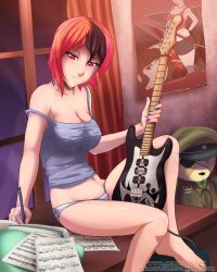 Rule 34 | 1girl, animeflux, aqua nails, barefoot, breasts, feet, green nails, guitar, instrument, large breasts, multicolored hair, nail polish, panties, purple nails, red nails, sitting, solo, toes, underwear