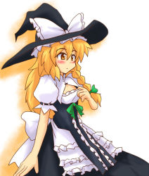 Rule 34 | 1girl, blonde hair, blush, bow, braid, curiosities of lotus asia, female focus, frills, hair bow, harukatron, hat, hat bow, kirisame marisa, long hair, short sleeves, side braid, simple background, single braid, solo, touhou, witch, witch hat, yellow eyes