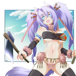 Rule 34 | 1girl, animal ears, axe, bad id, bad pixiv id, blue eyes, bodypaint, breasts, dog ears, dog tail, fang, hatchet, hatchet (axe), hira taira, long hair, medium breasts, navel, open mouth, pixiv frontier, purple hair, solo, tail, thighhighs, tribal, twintails, underboob, weapon