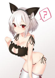 Rule 34 | 1girl, ?, animal ear fluff, animal ears, azur lane, bare arms, bare shoulders, black bra, black panties, bra, breasts, brown background, cat cutout, cat ear panties, cat ears, cat lingerie, cleavage cutout, clothing cutout, collarbone, commentary request, fake animal ears, frilled bra, frills, gradient background, grey hair, hair between eyes, hairband, hand up, lace-trimmed hairband, lace trim, large breasts, leaning forward, meme attire, panties, red eyes, shiruko (27anko), short hair, side-tie panties, sirius (azur lane), solo, spoken question mark, thighhighs, underwear, underwear only, white background, white hairband, white thighhighs
