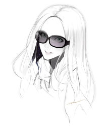 Rule 34 | 1girl, bad id, bad pixiv id, commentary request, drawstring, eyelashes, green eyes, highres, lips, long hair, looking at viewer, monochrome, original, poaro, signature, simple background, solo, space, spot color, star (symbol), sunglasses, upper body, white background