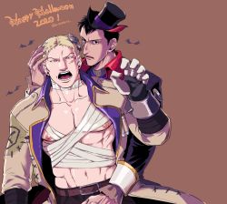 Rule 34 | 2020, 2boys, abs, alternate costume, bare pectorals, bat (animal), bertolt hoover, black hair, blonde hair, blue eyes, claw pose, collared jacket, cosplay, frankenstein&#039;s monster, frankenstein&#039;s monster (cosplay), groin, halloween, halloween costume, hand on another&#039;s head, hat, jacket, large pectorals, male focus, multiple boys, muscular, navel, ni yuu, nipples, open clothes, open jacket, pectorals, reiner braun, shingeki no kyojin, short hair, stitches, top hat, upper body, vampire costume