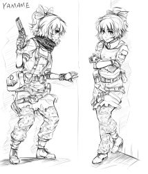 Rule 34 | 1girl, adapted costume, alternate costume, boots, bow, contemporary, crossed arms, female focus, finger on trigger, gloves, greyscale, gun, hair bow, handgun, kurodani yamame, lleu, military, military operator, monochrome, pants, pistol, ponytail, pouch, revolver, short hair, sketch, solo, touhou, weapon