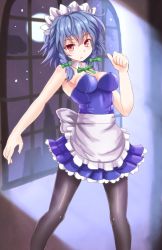 Rule 34 | 1girl, adapted costume, apron, bare shoulders, black pantyhose, blue dress, blue skirt, braid, breasts, cleavage, cloud, detached collar, dress, full moon, hair ribbon, izayoi sakuya, looking at viewer, maid, maid apron, maid headdress, moon, night, pantyhose, red eyes, ribbon, silver hair, skirt, sky, solo, star (sky), starry sky, strapless, strapless dress, sumapan, touhou, twin braids, waist apron, window