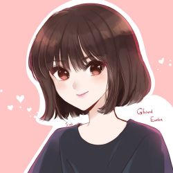 Rule 34 | 1girl, animification, black shirt, brown eyes, brown hair, character name, closed mouth, commentary request, copyright name, eunha (gfriend), gfriend, heart, highres, kaoruru (sakuno2911), looking at viewer, outline, real life, shirt, short hair, signature, smile, solo, upper body, white outline