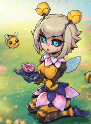 Rule 34 | 1girl, animal, bee, blonde hair, blue footwear, breasts, bug, flower, grass, hands up, insect, joints, large breasts, league of legends, official alternate costume, orbeeanna, orianna (league of legends), outdoors, phantom ix row, pink flower, robot joints, seiza, shoes, short hair, sitting, smile, tongue, tongue out, wings