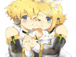 Rule 34 | 1boy, 1girl, aqua eyes, arm warmers, bad id, bad pixiv id, blonde hair, brother and sister, hair ornament, hair ribbon, hairclip, headphones, kagamine len, kagamine len (append), kagamine rin, kagamine rin (append), one eye closed, ribbon, short hair, siblings, smile, twins, uminuko, vocaloid, vocaloid append, wince, wink