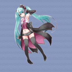 Rule 34 | 00s, 1girl, aqua eyes, aqua hair, arm up, armpits, artist request, black ribbon, black shorts, blue background, boots, breasts, coattails, detached sleeves, fortissimo, hair ornament, half-closed eyes, hatsune miku, high heels, long hair, musical note, musical note hair ornament, navel, necktie, polka dot, polka dot background, purple neckwear, purple ribbon, ribbon, ribbon-trimmed sleeves, ribbon trim, see-through, shirt, short shorts, shorts, small breasts, solo, stomach, thigh boots, thighhighs, twintails, very long hair, vocaloid, white ribbon, white shirt