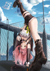 Rule 34 | 1girl, :p, absurdres, armpits, asymmetrical legwear, bare shoulders, black footwear, black jacket, black shorts, black socks, black thighhighs, blue sky, boots, breasts, chain-link fence, cleavage, cloud, commentary, cutoffs, day, detached sleeves, fence, green eyes, hair ornament, hair ribbon, hairclip, highres, jacket, large breasts, leg up, looking at viewer, midriff, navel, nicole demara, outdoors, pink hair, ribbon, short shorts, shorts, sky, smile, socks, solo, stomach, strapless, thighhighs, thighs, tongue, tongue out, tube top, upside-down, yawww (yawwwart), zenless zone zero