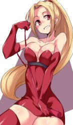 Rule 34 | 1girl, bare shoulders, blonde hair, breasts, buta-don, cleavage, collarbone, commentary request, dress, elbow gloves, gloves, holding, large breasts, long hair, looking at viewer, ponytail, red dress, red gloves, short dress, shynesslady, simple background, smile, solo, star ocean, star ocean the second story, strapless, very long hair