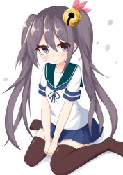 Rule 34 | 1girl, absurdres, akebono (kancolle), alternate hairstyle, bell, blue ribbon, blue skirt, blush, brown thighhighs, closed mouth, commentary request, green sailor collar, grey eyes, grey hair, hair bell, hair between eyes, hair ornament, hair ribbon, highres, ichi (ichi.colors), jingle bell, kantai collection, long hair, looking at viewer, neck ribbon, no shoes, petals, pink ribbon, pleated skirt, ribbon, sailor collar, school uniform, serafuku, shadow, shirt, short sleeves, sitting, skirt, solo, thighhighs, twintails, very long hair, wariza, wavy mouth, white background, white shirt