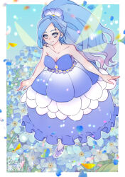 Rule 34 | 1girl, alternate costume, bare arms, bare shoulders, blue dress, blue flower, blue footwear, blue petals, blush, border, breasts, chrono trigger, cleavage, closed mouth, collarbone, dress, fairy wings, falling petals, field, floral background, flower, flower field, full body, grey eyes, hair flower, hair ornament, highres, long dress, long hair, looking at viewer, medium breasts, parted bangs, petals, schala zeal, shikiwo, signature, smile, solo, strapless, strapless dress, white border, wide ponytail, wings, yellow petals