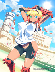 Rule 34 | 1girl, armband, armpits, arms up, bike shorts, blonde hair, boots, breasts, cameltoe, character request, cloud, covered erect nipples, day, flag, gauntlets, green eyes, hairband, harem gain, highres, hip focus, impossible clothes, impossible shirt, large breasts, official art, own hands together, shirt, short hair, sky, solo, stadium, zasha, zipper