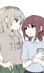 Rule 34 | 2girls, blue eyes, blue shirt, brown shirt, cellphone, closed mouth, collared shirt, commentary request, eye contact, girls band cry, hand on own hip, highres, hiro eeee, holding, holding phone, iseri nina, kawaragi momoka, light brown hair, looking at another, multicolored hair, multiple girls, phone, red hair, roots (hair), shirt, short sleeves, short twintails, simple background, smartphone, smile, twintails, upper body, white background