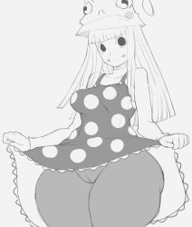 Rule 34 | 1girl, absurdres, blunt bangs, breasts, cameltoe, cleft of venus, curvy, dress, eruka frog, frog girl, grey background, highres, long hair, looking at viewer, medium breasts, monochrome, pantyhose, sketch, smile, solo, soul eater, thanuki, thick thighs, thighs, wide hips, witch hair