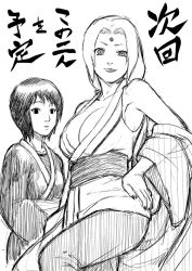 Rule 34 | 2girls, breasts, cleavage, facial mark, fishnets, flat chest, forehead mark, greyscale, hand on own hip, large breasts, looking at viewer, monochrome, multiple girls, naruto, naruto (series), nier (l215), non-web source, off shoulder, raised eyebrow, shizune (naruto), short hair, smile, tsunade (naruto)