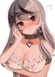 Rule 34 | 1girl, @ @, absurdres, bare shoulders, bikini, black hair, blush, breasts, choker, cleavage, closed mouth, collar, collarbone, commentary request, flying sweatdrops, frilled bikini, frills, hair ornament, hairclip, hand on own cheek, hand on own face, heart, heart choker, highres, hololive, kurenaiaoi0, large breasts, long hair, looking at viewer, nose blush, red eyes, sakamata chloe, simple background, solo, swimsuit, upper body, virtual youtuber, white background, x hair ornament