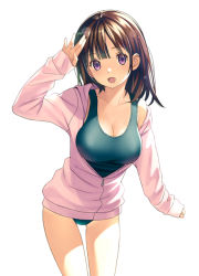 Rule 34 | 1girl, :d, arm up, bare shoulders, breasts, brown hair, cleavage, collarbone, commentary request, gluteal fold, head tilt, hood, hood down, hooded jacket, jacket, koutaro, long hair, long sleeves, looking at viewer, medium breasts, off shoulder, open clothes, open jacket, open mouth, original, pink jacket, purple eyes, school swimsuit, simple background, sleeves past wrists, smile, solo, swimsuit, white background