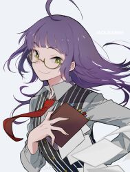 Rule 34 | 1boy, ahoge, bishounen, book, bright pupils, closed mouth, collared shirt, copyright name, fingernails, green eyes, grey background, grey shirt, holding, holding book, jack jeanne, long hair, long sleeves, looking at viewer, male focus, necktie, neji kokuto, paper, purple hair, rakuchii (rurituvo), red necktie, shirt, smile, smirk, solo, striped clothes, striped vest, vest, white pupils
