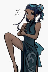 Rule 34 | 1girl, alternate costume, alternate hairstyle, aqua eyes, aqua hair, black hair, china dress, chinese clothes, closed mouth, commentary request, creatures (company), dark-skinned female, dark skin, double bun, dress, earrings, echizen (n fns17), eyelashes, game freak, green dress, hair bun, highres, jewelry, leg up, long hair, looking at viewer, multicolored hair, nessa (pokemon), nintendo, own hands together, pokemon, pokemon swsh, simple background, solo, translation request, two-tone hair, white background
