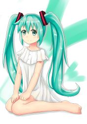 Rule 34 | 1girl, absurdres, aqua eyes, aqua hair, barefoot, blush, closed mouth, commentary request, dated, dress, feiyyx, full body, hair between eyes, hair ornament, hatsune miku, highres, long hair, looking at viewer, sidelocks, signature, sitting, sleeveless, sleeveless dress, smile, solo, twintails, very long hair, vocaloid, wariza, white dress