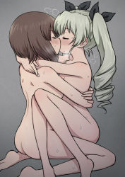 Rule 34 | 10s, 2girls, anchovy (girls und panzer), arms around neck, arms around waist, blush, body blush, brown hair, closed eyes, commentary request, convenient arm, convenient censoring, girls und panzer, green hair, grey background, hair ribbon, hug, meis (terameisu), multiple girls, mutual hug, nishizumi maho, nude, ribbon, seiza, short hair, sitting, sitting on lap, sitting on person, steaming body, sweat, sweatdrop, swept bangs, twintails, yuri
