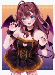 Rule 34 | ahoge, blush, breasts, brown hair, cleavage cutout, clothing cutout, cross-laced clothes, cross-laced dress, demon tail, demon wings, detached collar, fangs, fingernails, fishnet pantyhose, fishnets, heart cutout, highres, ichinose shiki, idolmaster, idolmaster cinderella girls, medium breasts, nail polish, pantyhose, paw pose, sasakichi (ssk chi), smile, tail, two-tone dress, wings