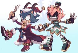 Rule 34 | 1boy, 1girl, 9474s0ul, alternate costume, alternate universe, animal ears, bell, black gloves, boots, cape, christmas, clenched teeth, commentary, dress, english commentary, full body, fur-trimmed cape, fur-trimmed gloves, fur trim, furry, furry male, gloves, gradient background, green dress, green eyes, hat, high heel boots, high heels, highres, holding, holding hands, holding stick, jingle bell, metal amy, metal sonic, red cape, red eyes, red footwear, red headwear, santa hat, simple background, sonic (series), standing, stick, sweat, tail, teeth