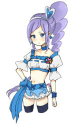 Rule 34 | 00s, 1girl, aono miki, blue eyes, blue skirt, blush, choker, cure berry, drill hair, earrings, eyelashes, fresh precure!, frilled skirt, frills, hair ornament, hairband, high heels, jewelry, long hair, looking at viewer, magical girl, midriff, navel, open mouth, ponytail, pout, precure, purple eyes, purple hair, ribbon, shijima (agkm), shirt, side ponytail, simple background, sketch, skirt, solo, standing, thighhighs, thighs, white background, wrist cuffs