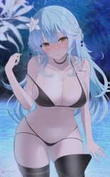 Rule 34 | 1girl, ahoge, bikini, black bikini, blue hair, blush, braid, breasts, cleavage, colored tips, flower, hair flower, hair ornament, half updo, head tilt, heart, heart ahoge, highres, hololive, large breasts, leaning forward, long hair, multicolored hair, parted lips, pointy ears, snowflake hair ornament, solo, standing, streaked hair, swimsuit, thighhighs, thighs, tojo aoi, unfinished, virtual youtuber, yellow eyes, yukihana lamy