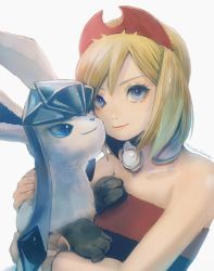 Rule 34 | 1girl, blonde hair, blue eyes, closed mouth, collar, commentary request, creatures (company), eyelashes, fingernails, game freak, gen 4 pokemon, glaceon, hairband, hand up, holding, holding pokemon, irida (pokemon), momomo12, nintendo, pokemon, pokemon (creature), pokemon legends: arceus, red hairband, red shirt, shirt, short hair, signature, smile, strapless, strapless shirt, upper body, white background