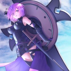 Rule 34 | 1girl, arm behind head, armor, breasts, commentary request, fate/grand order, fate (series), faulds, gauntlets, hair over one eye, highres, itaco, large breasts, looking at viewer, mash kyrielight, parted lips, purple eyes, purple hair, sheath, sheathed, shield, short hair, solo, standing, sword, weapon